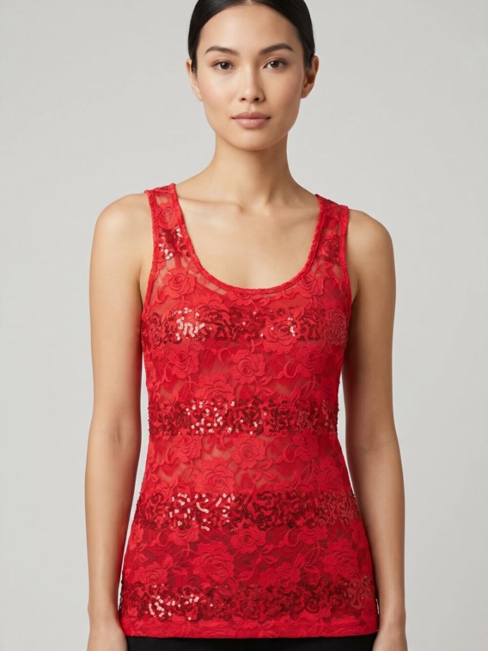 Red Floral Rose Lace Sequin Trim Scoop Neck Tank Top